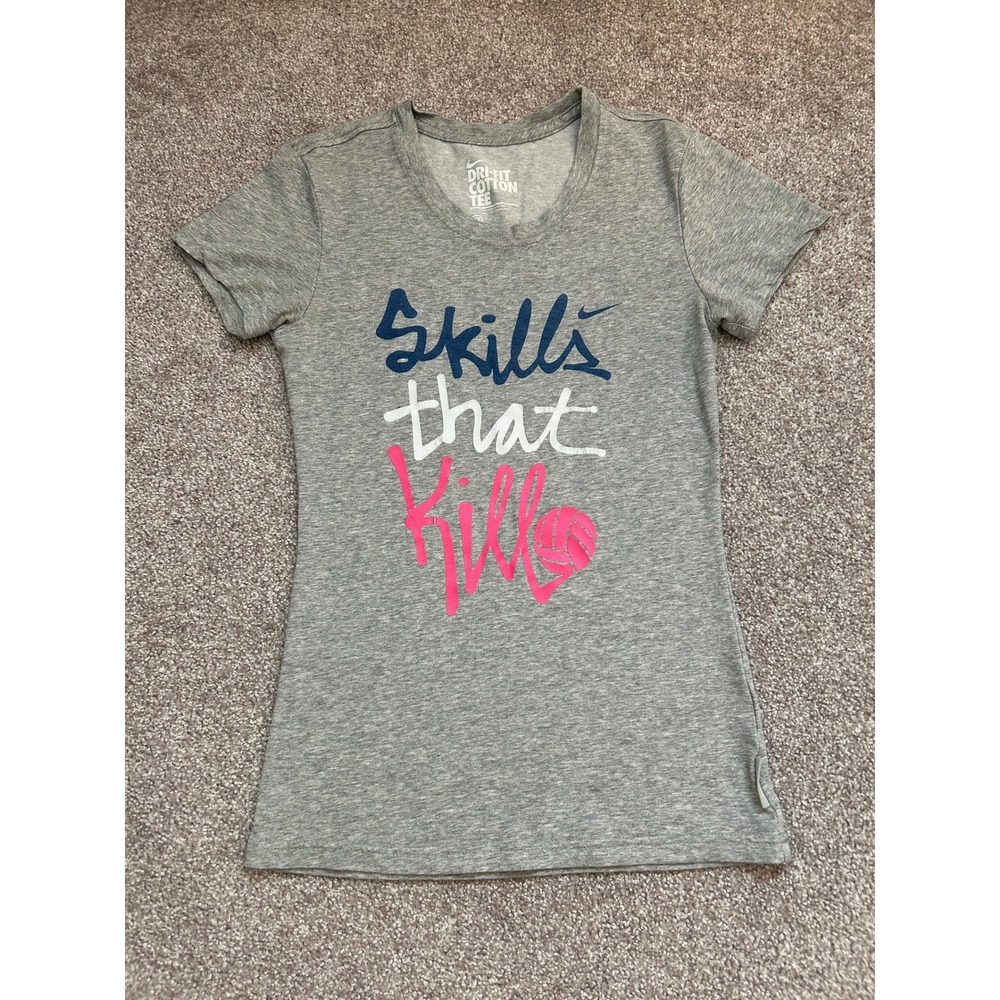 Nike Dri-FIT Cotton Tee Girls XS Gray Skills That Kills Volleyball Graphic Shirt